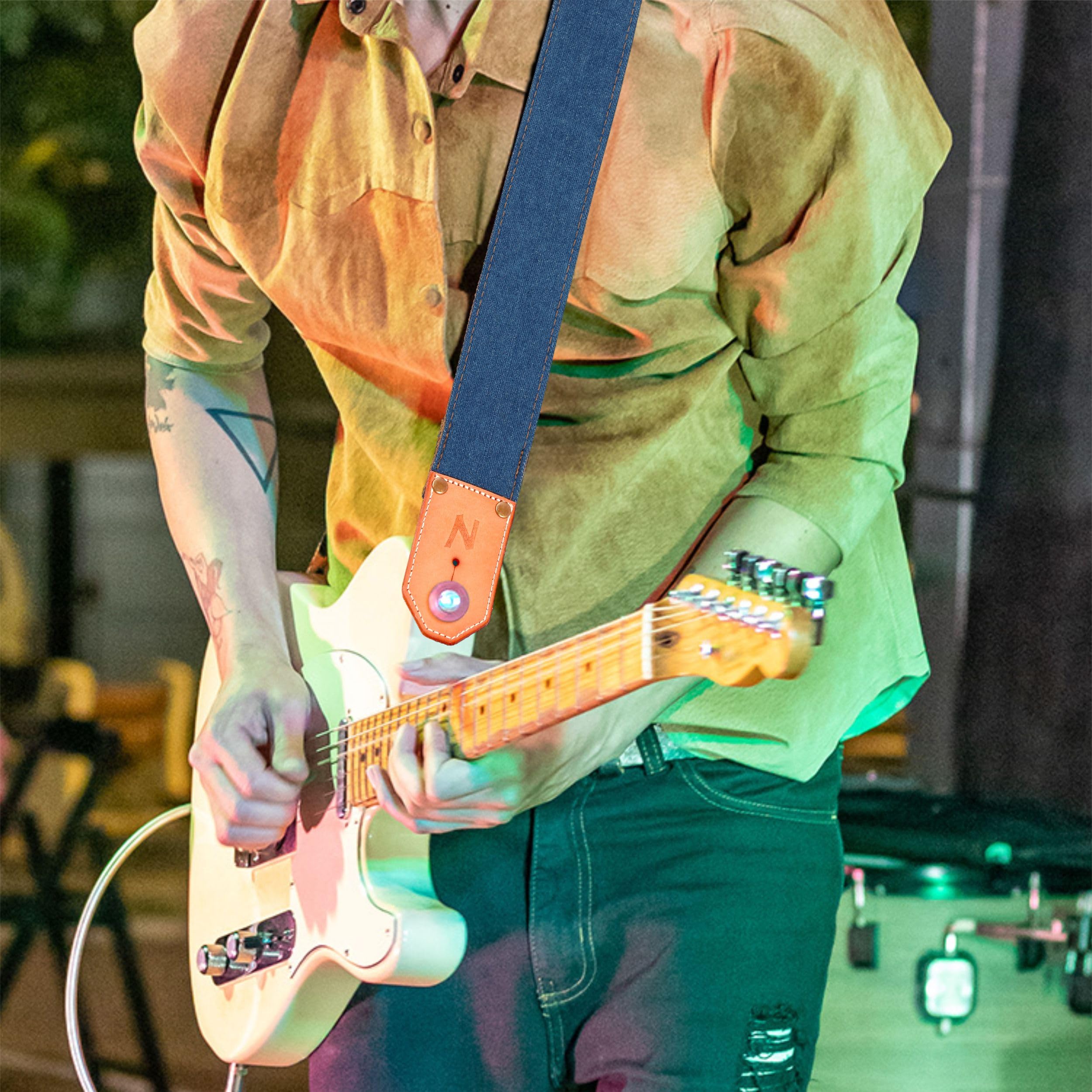 Nefelibata Guitar Strap, Blue Denim Western Guitar Straps with Thicked First Layer Vegetable Tanned Cowhide Leather Ends for Aco