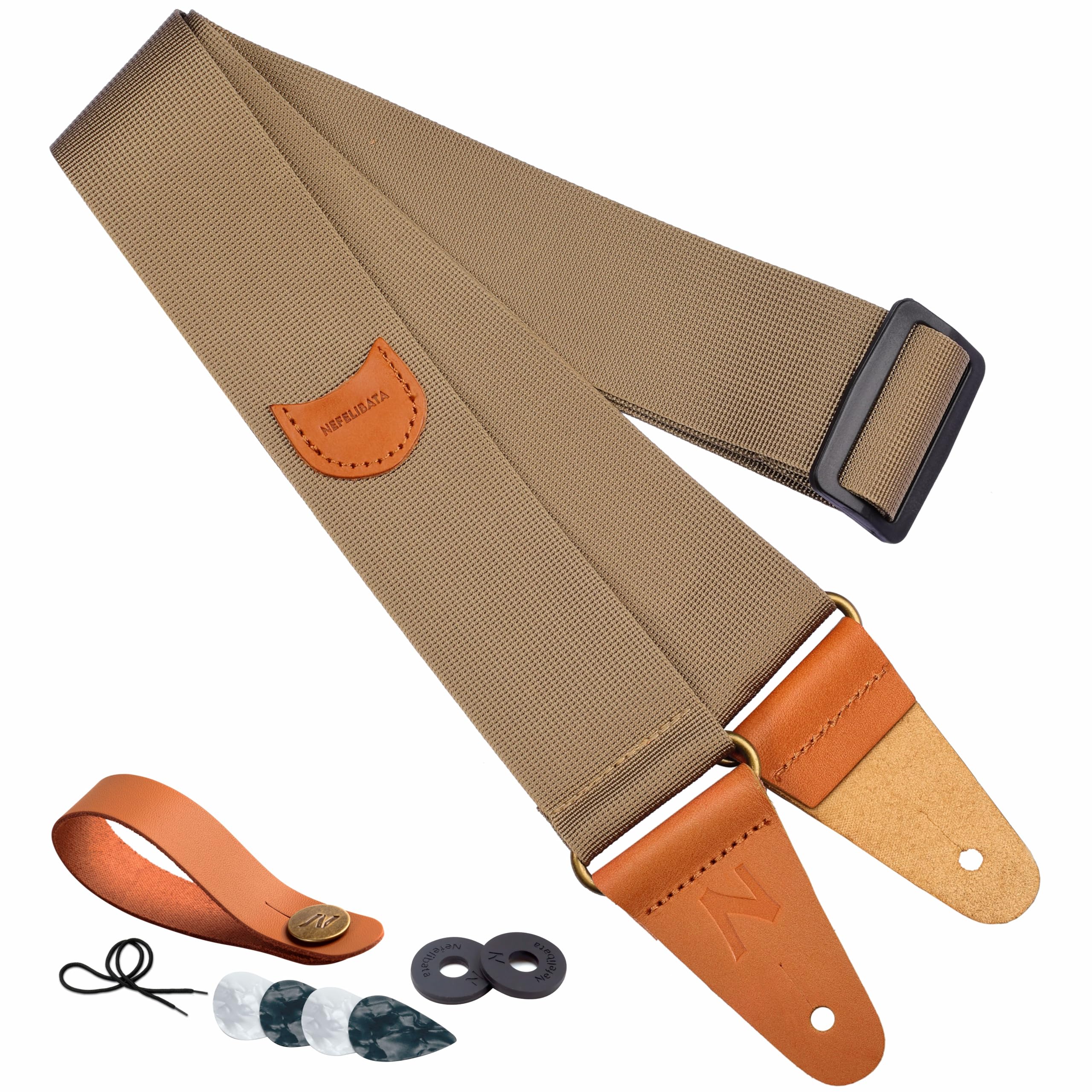 Nefelibata Guitar Strap Nylon, Full Grain Leather Ends Guitar Straps With Pick Pocket For Bass, Electric & Acoustic Guitar, With