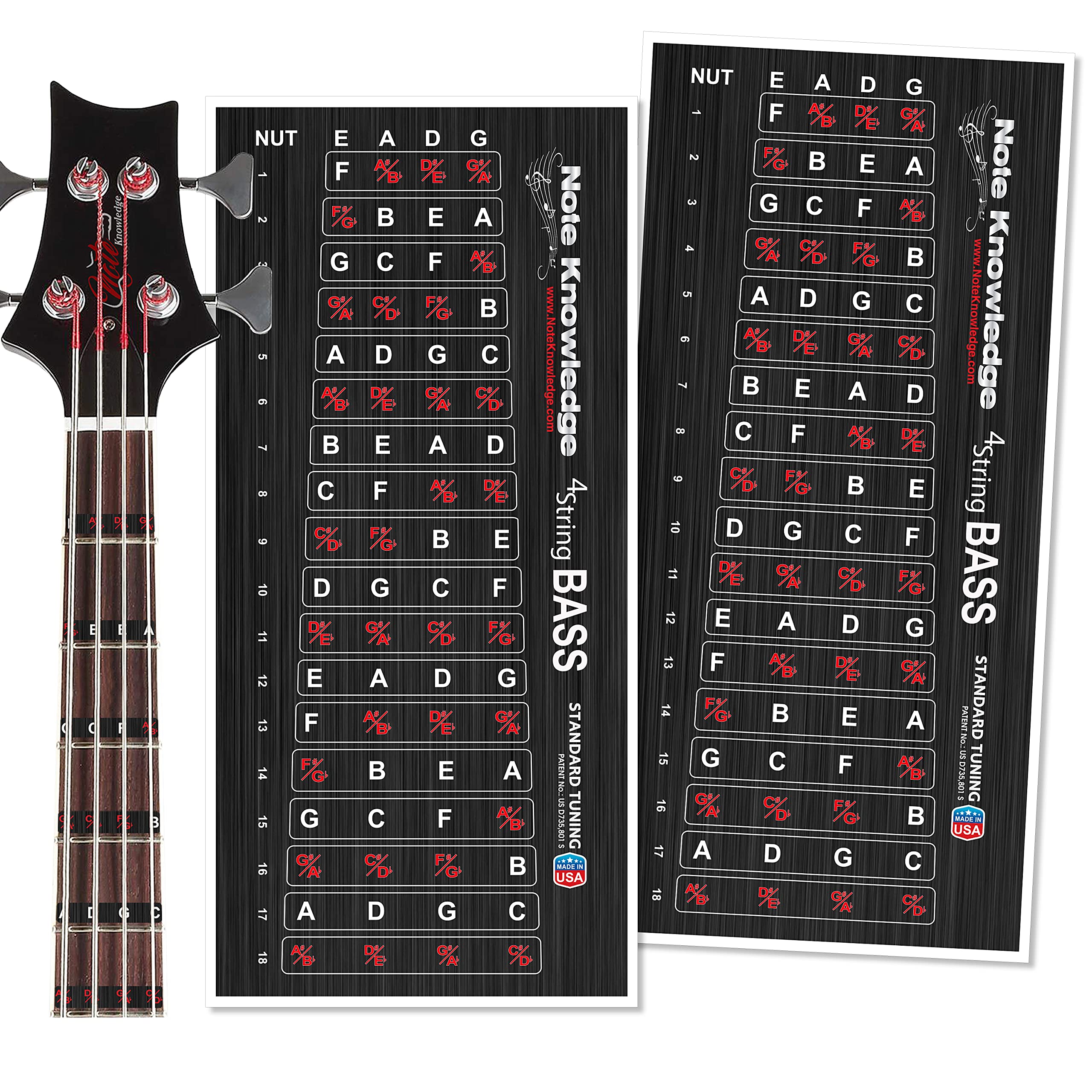 Bass Guitar Fretboard Note Map Decals/Stickers For Learning Notes, Chords & Scales.