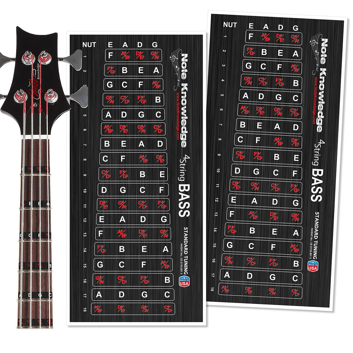Bass Guitar Fretboard Note Map Decals/Stickers For Learning Notes, Chords & Scales.