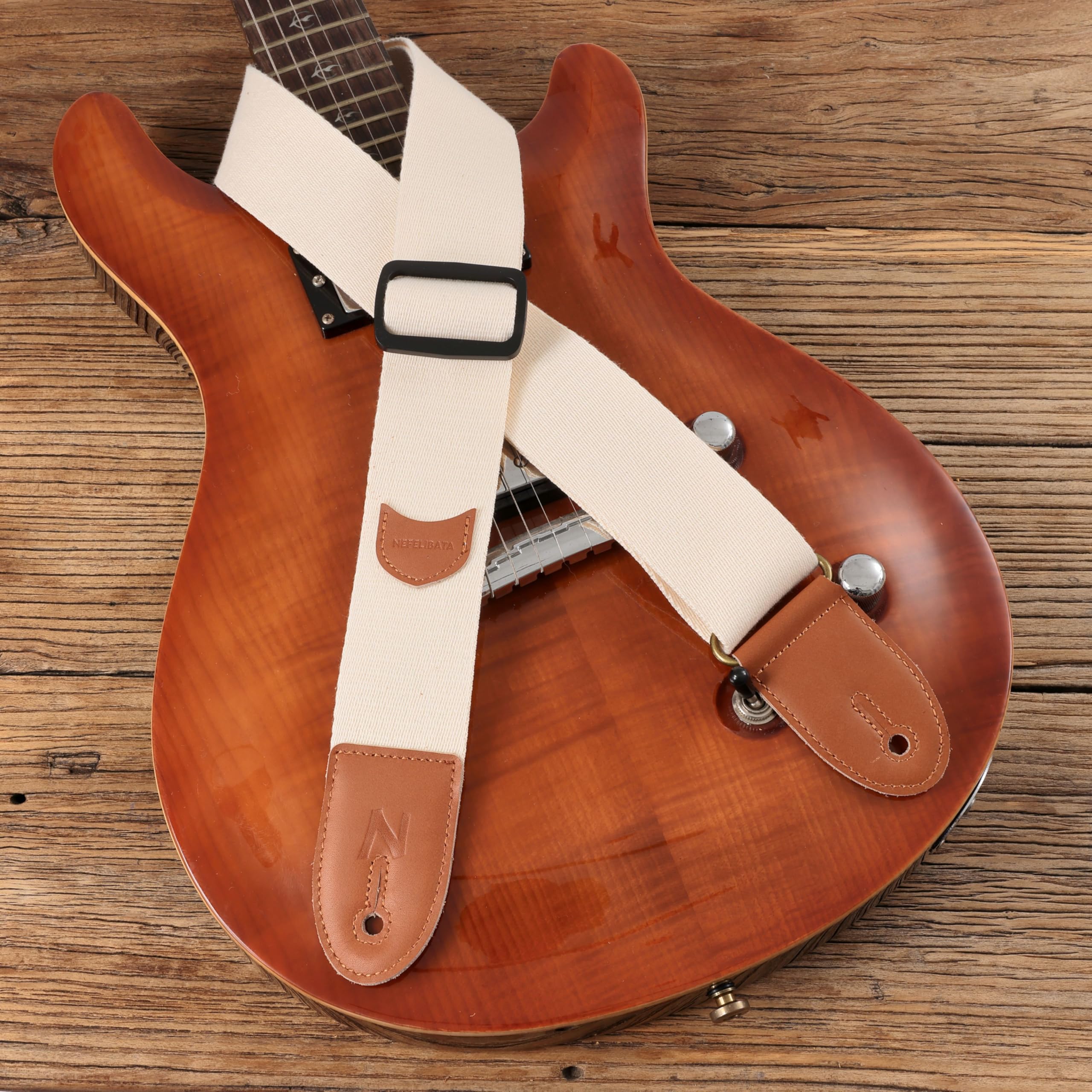 Nefelibata Guitar Strap, 100% Cotton Full Grain Leather Ends Guitar Straps with Pick Pocket for Bass, Electric & Acoustic Guitar