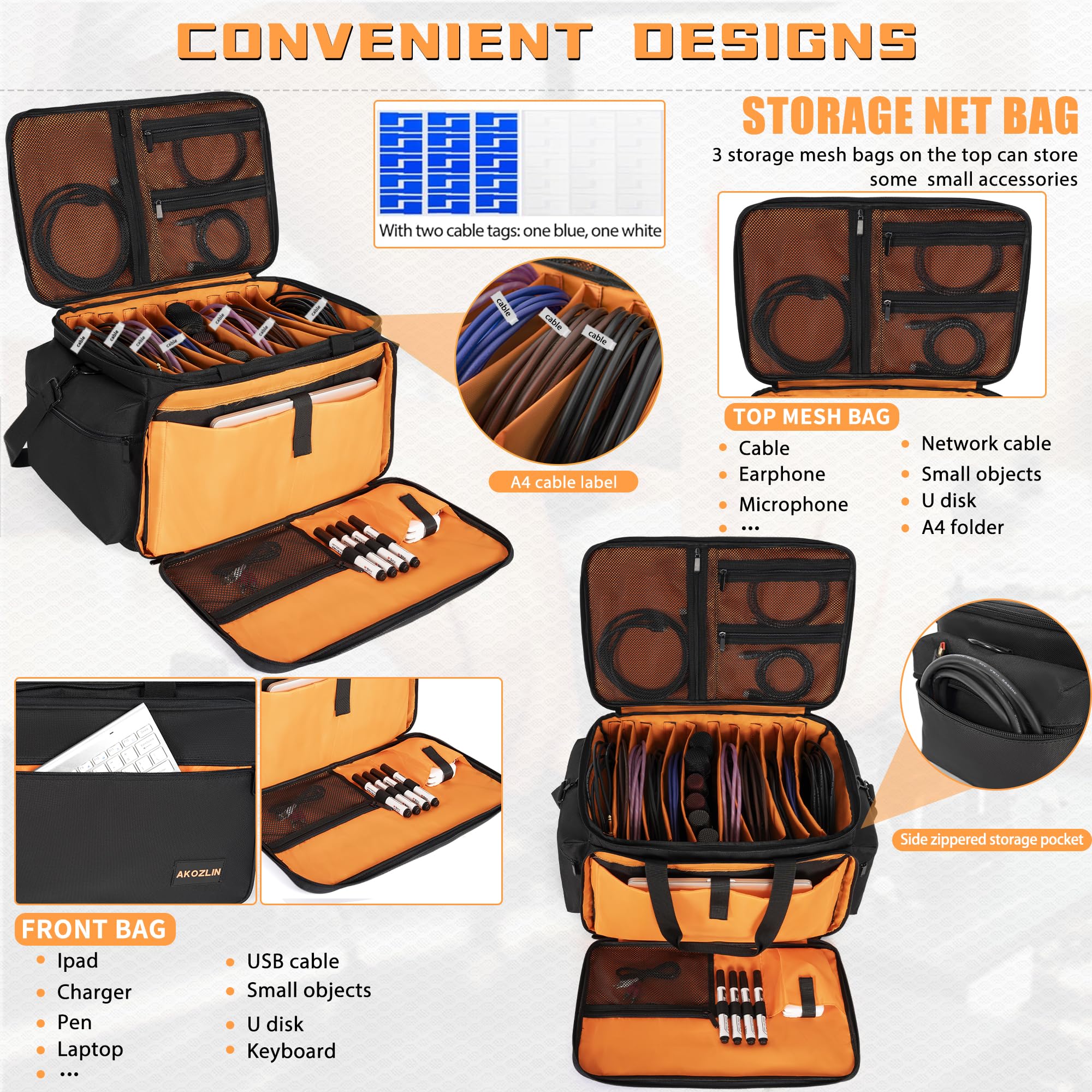 AKOZLIN Cable File Bag DJ Gig Bag Cord Organizer Case with Detachable Dividers for Laptop,DJ Gear, Sound Instrument Accessories