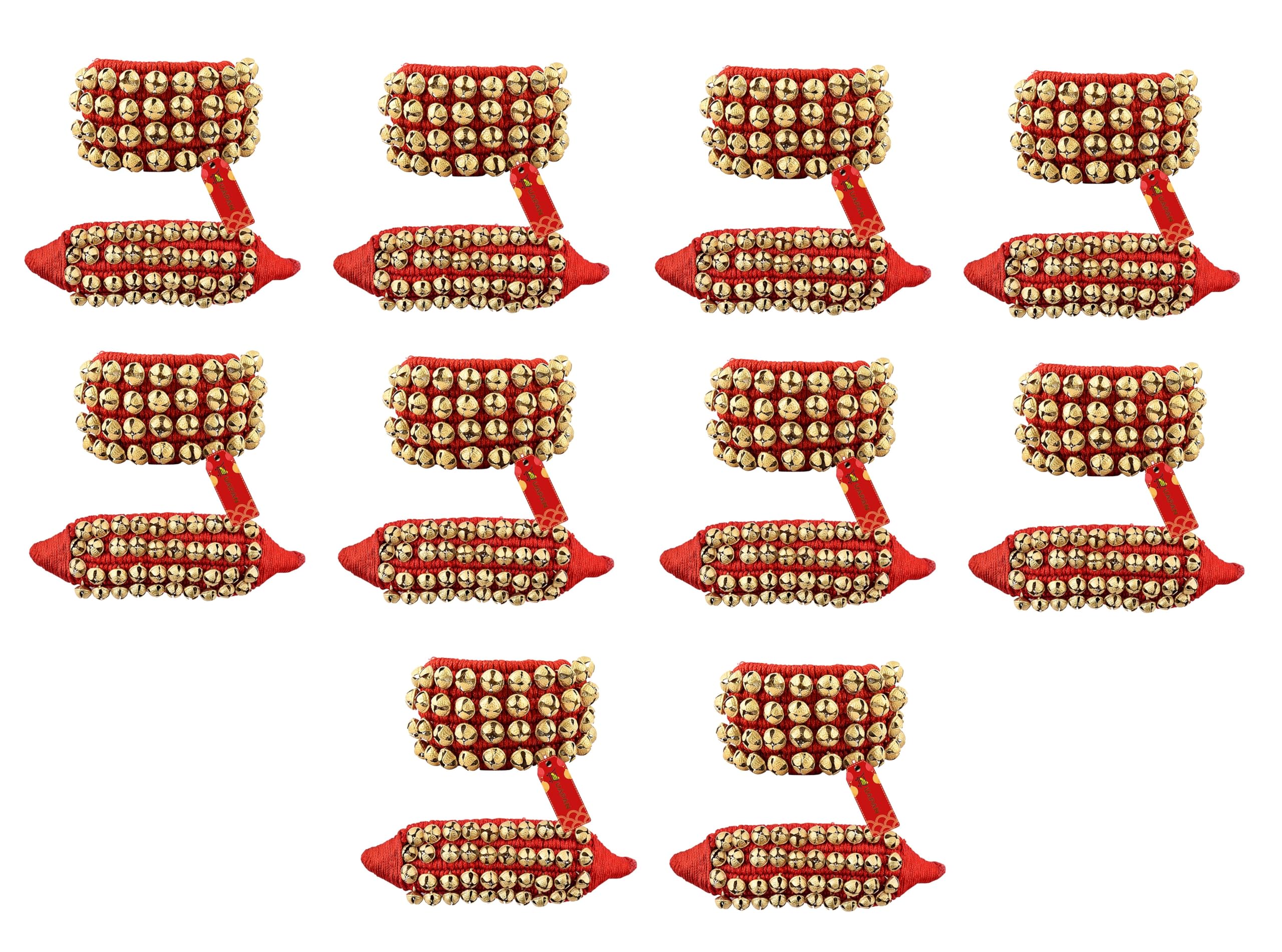 Uapan Brass Ghungroo Bells I 4 Line Pad, Red, 10 Pair I Ideal For Classical Kathak Dance