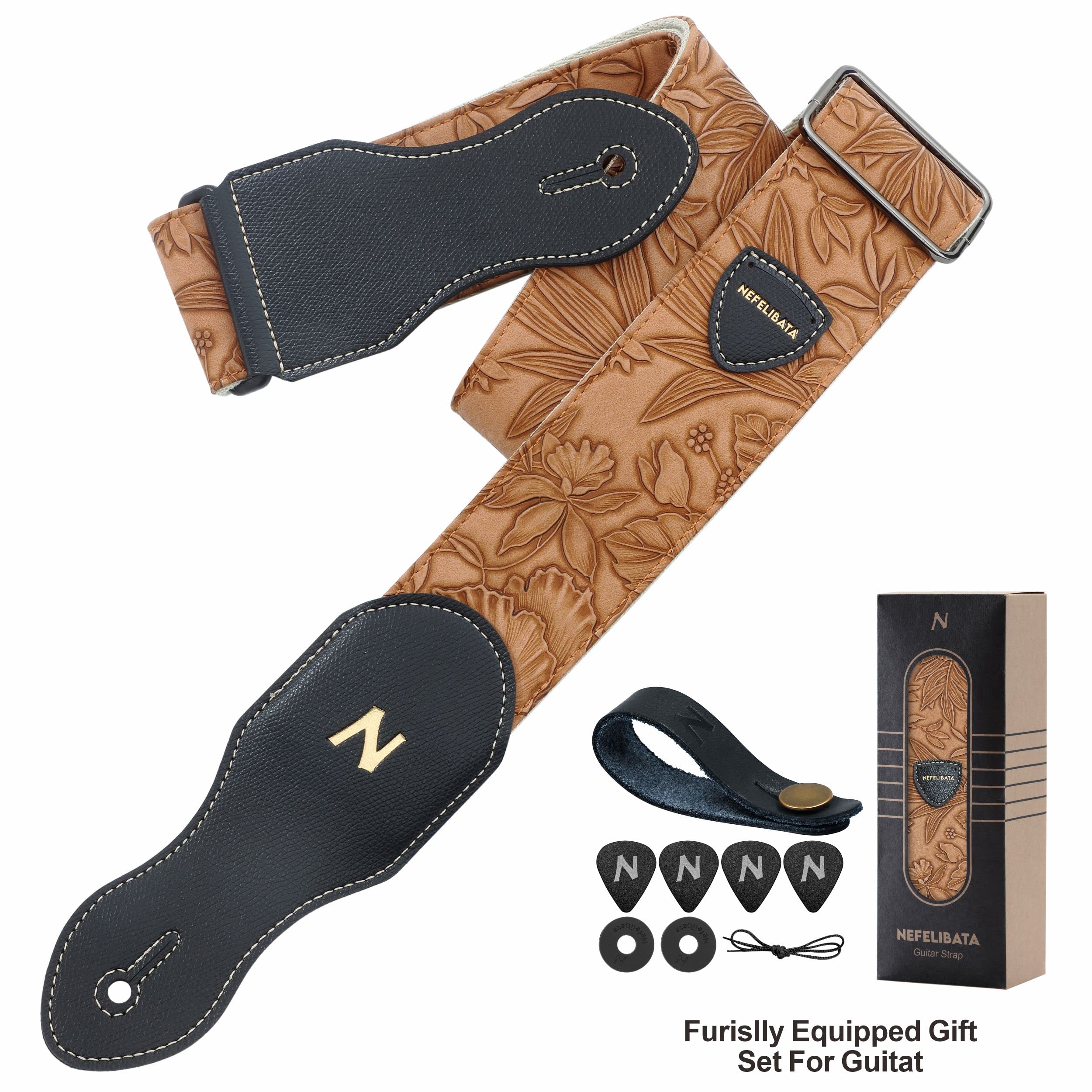Nefelibata Guitar Strap with Pick Pocket,2.3 inch Porter Style Vegan Leather Carving Guitar Straps,60s Vintage Style(Brown Yello