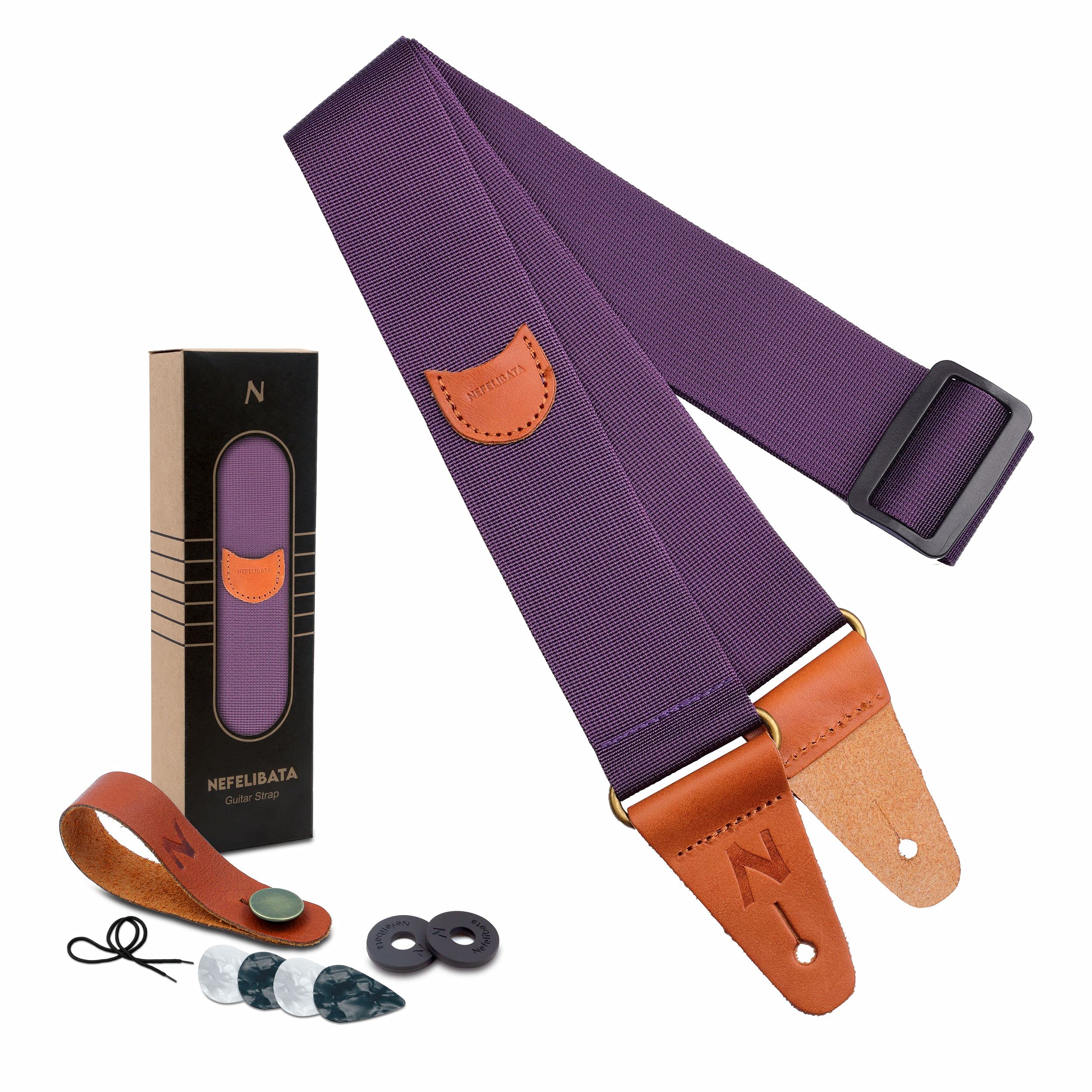 Guitar Strap, Vintage Nylon Full Grain Leather Ends Guitar Straps With Pick Pocket For Bass, Electric & Acoustic Guitar, Come Wi