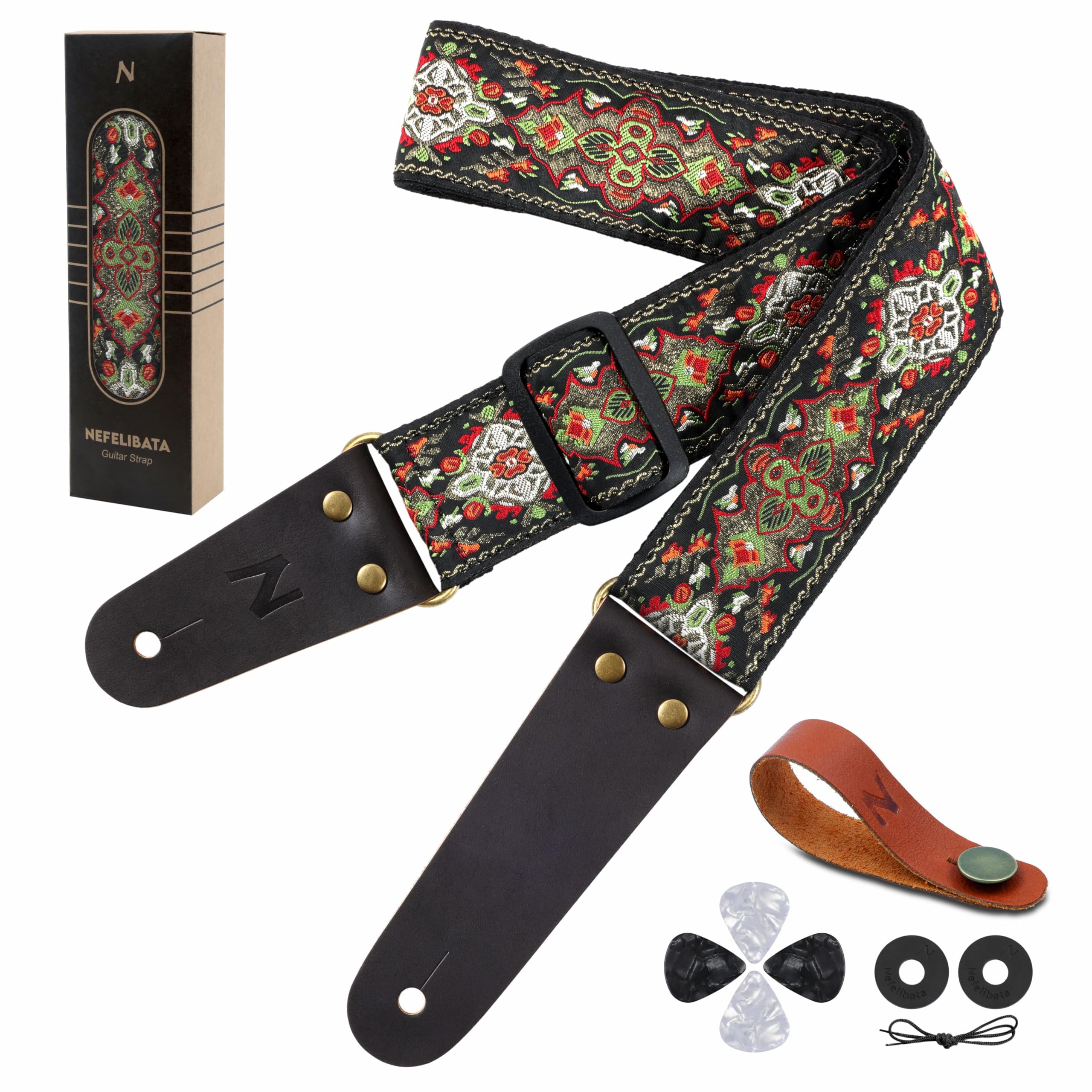 Nefelibata Guitar Strap, 2'' Embroidery Full Grain Leather Ends Guitar Straps With Hidden Pocket, For Bass, Electric And Acousti