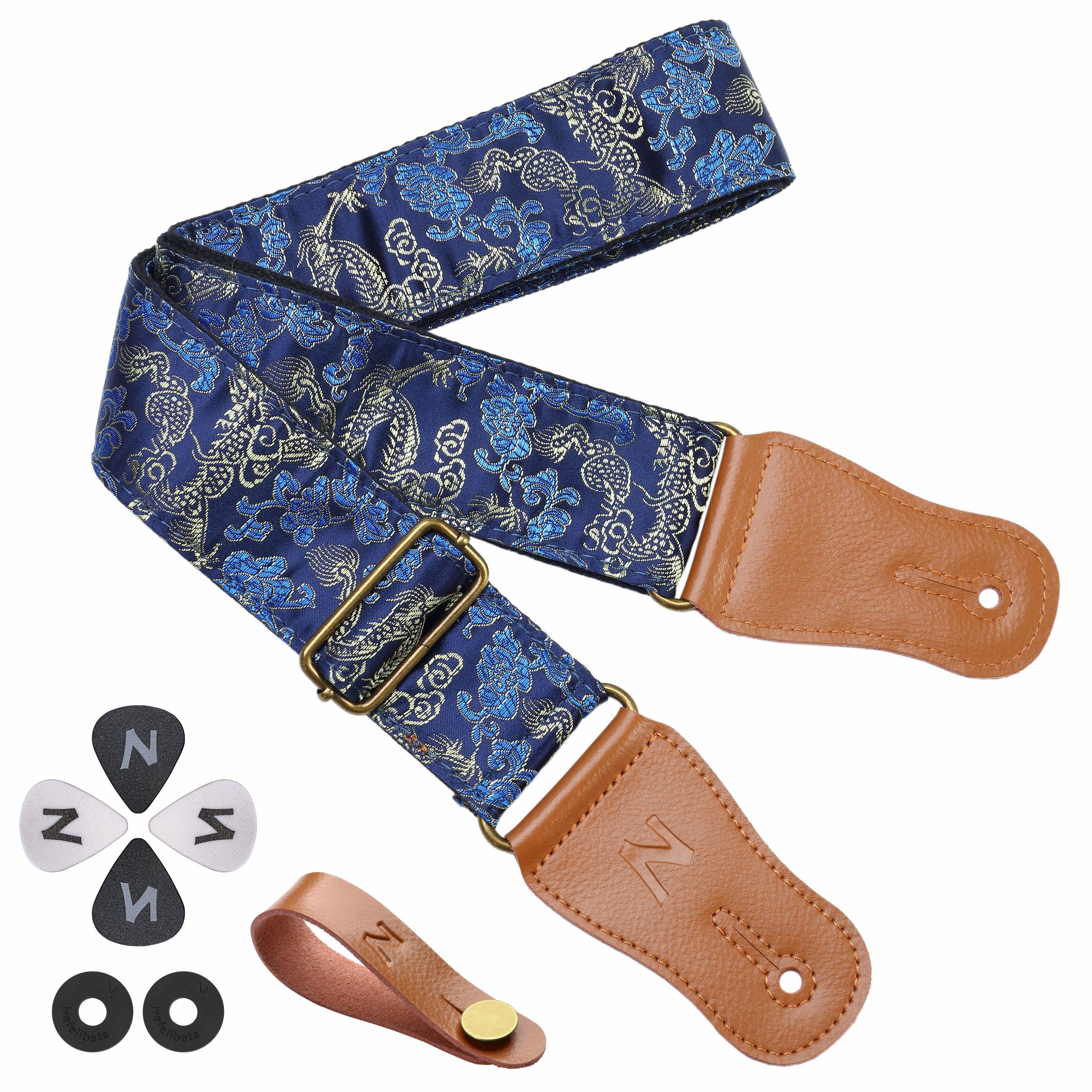 Nefelibata Japanese Cotton Guitar Strap For Acoustic Guitar, Ukulele, Free Headstock Strap Adapter With Buckle, Guitar Picks And