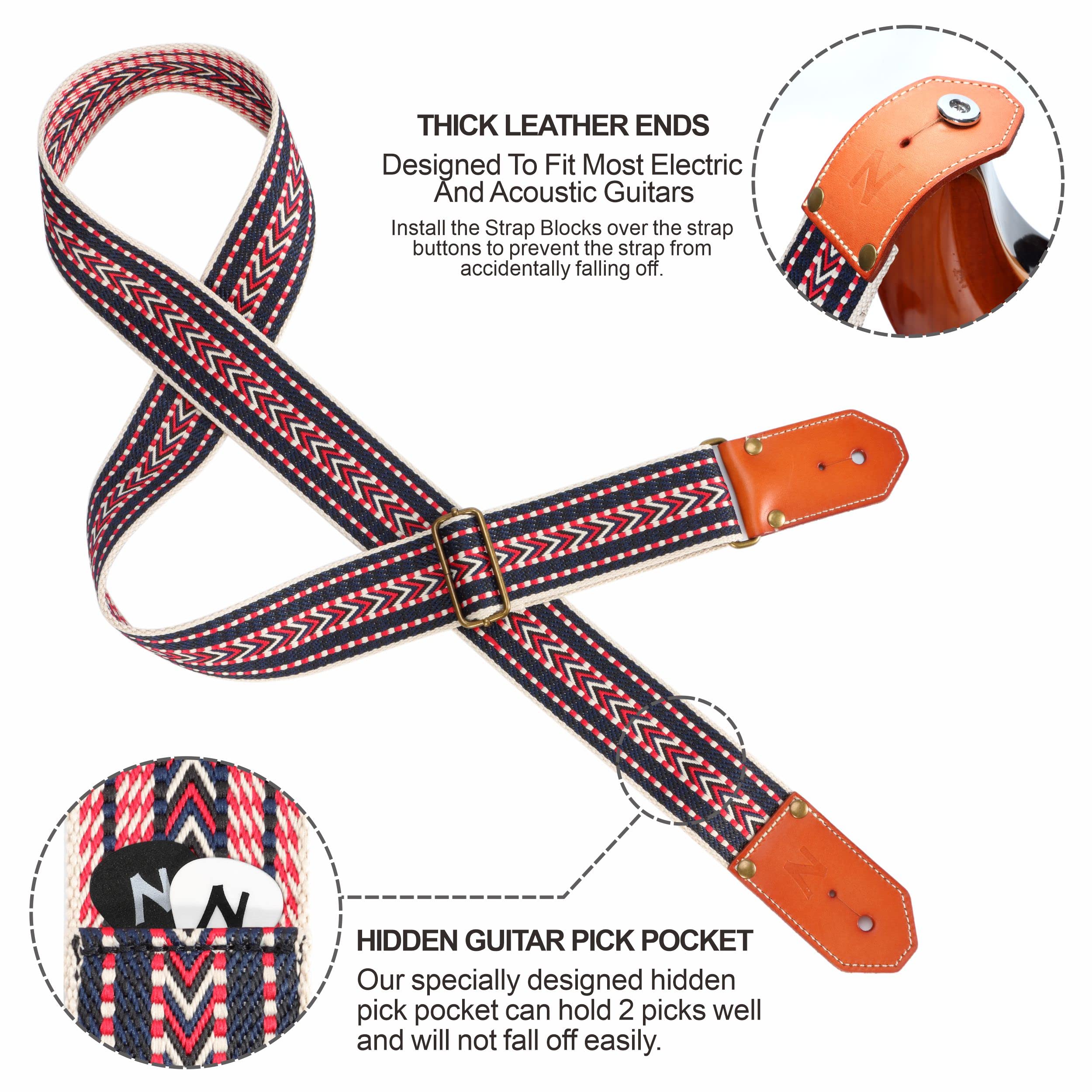 Nefelibata Cool Woven Guitar Strap-Cotton Guitar Straps with Thicked First Layer Vegetable Tanned Cowhide Leather Ends for Acous