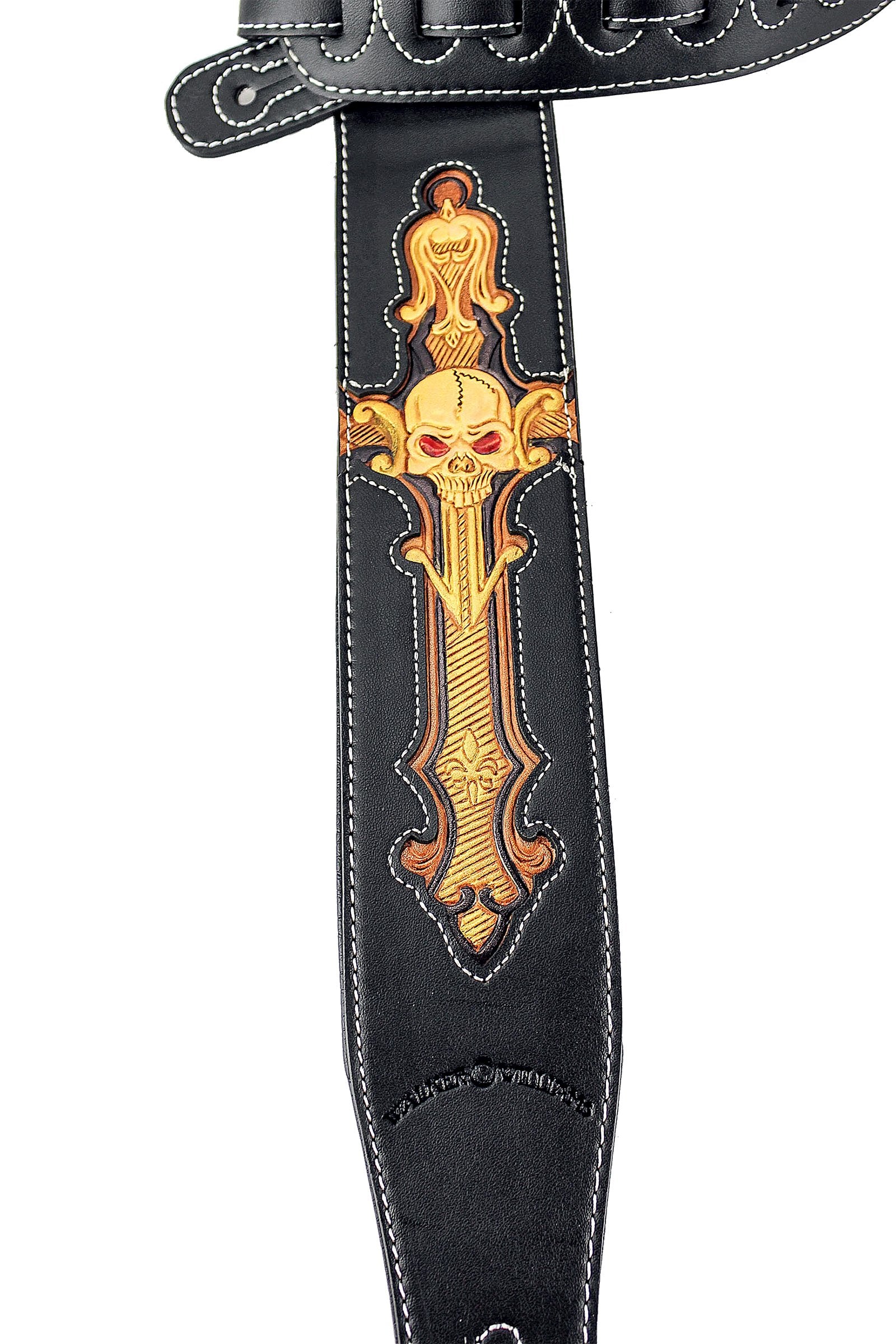 Walker & Williams CVG-24 Handmade Black And Gold Padded Guitar Strap With Hand Tooled Christian Cross And Skull Design For Acous