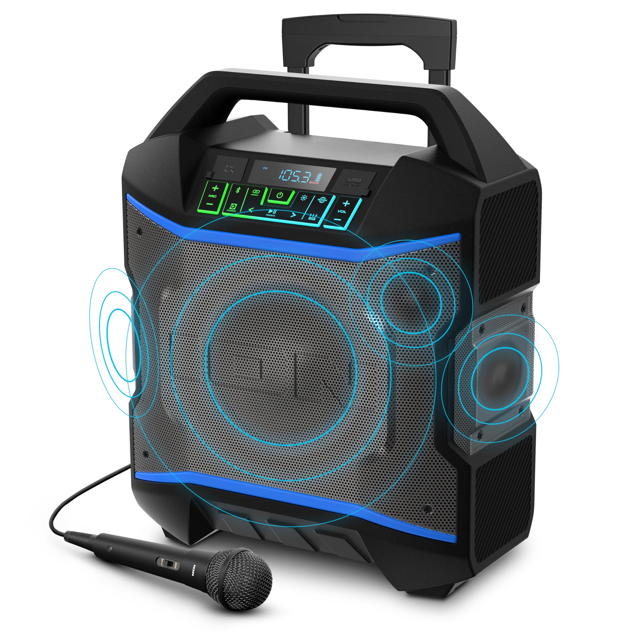 Ion Block Rocker - Portable Bluetooth Outdoor Party Speaker With Karaoke Microphone, Battery, 4 Speakers, Radio, Usb Port, App,