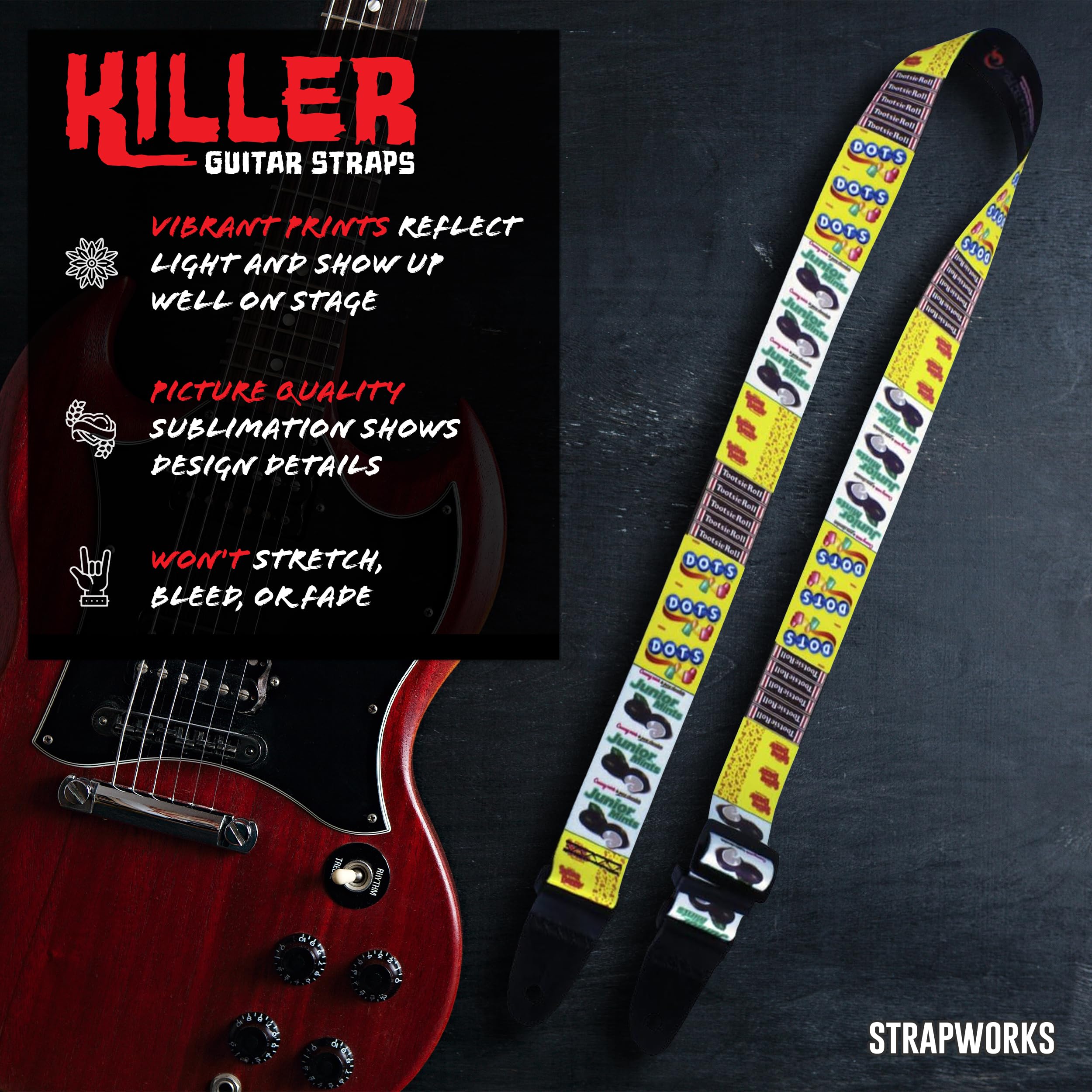 Killer-Q Guitar Strap - Stylish Straps for Electric and Acoustic Guitars With Leather Tabs, 2 Inches x 5 Feet, Movie Candy