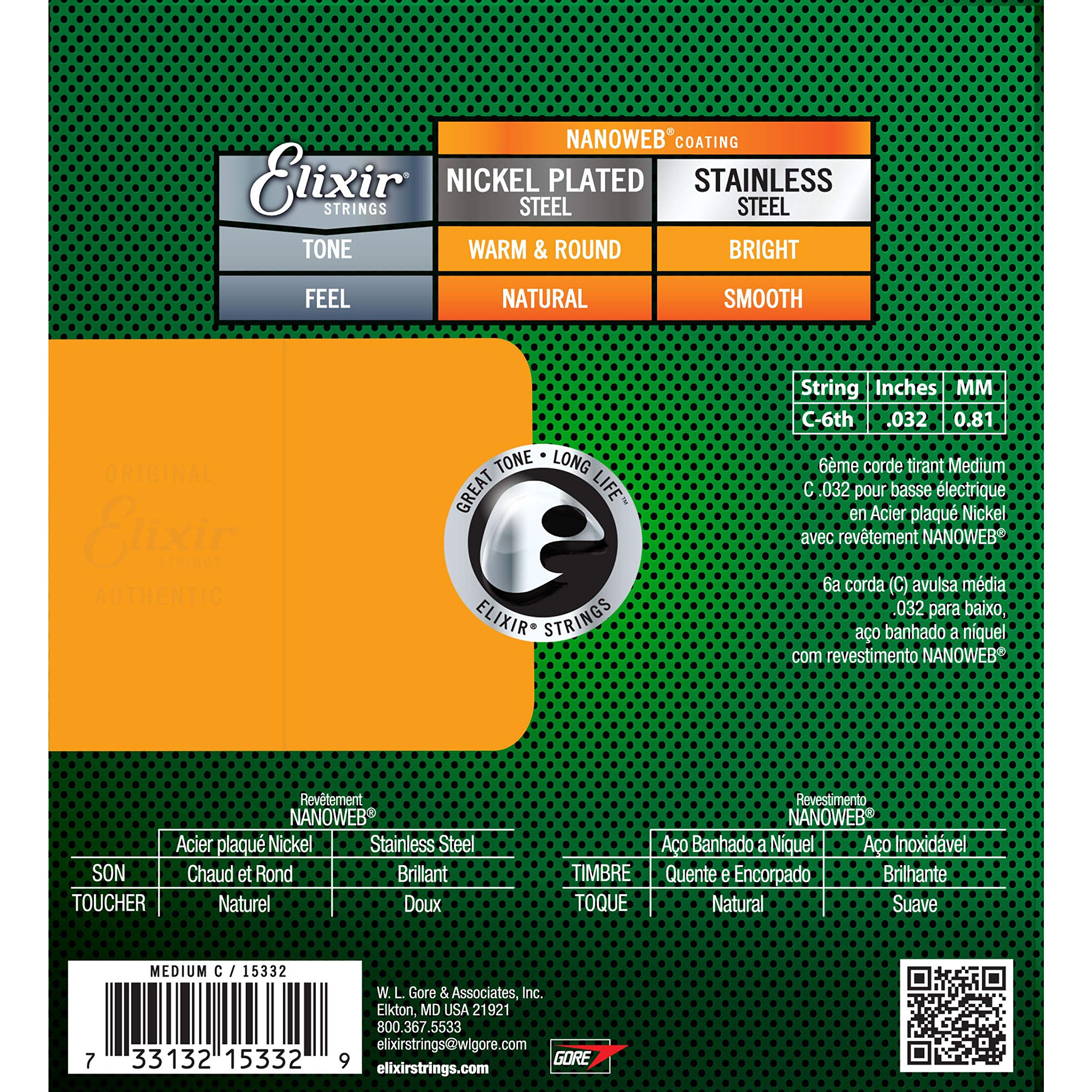 Elixir Strings Nickel Plated Steel with NANOWEB Coating, Custom Bass 6th String Single, Medium C (.032)