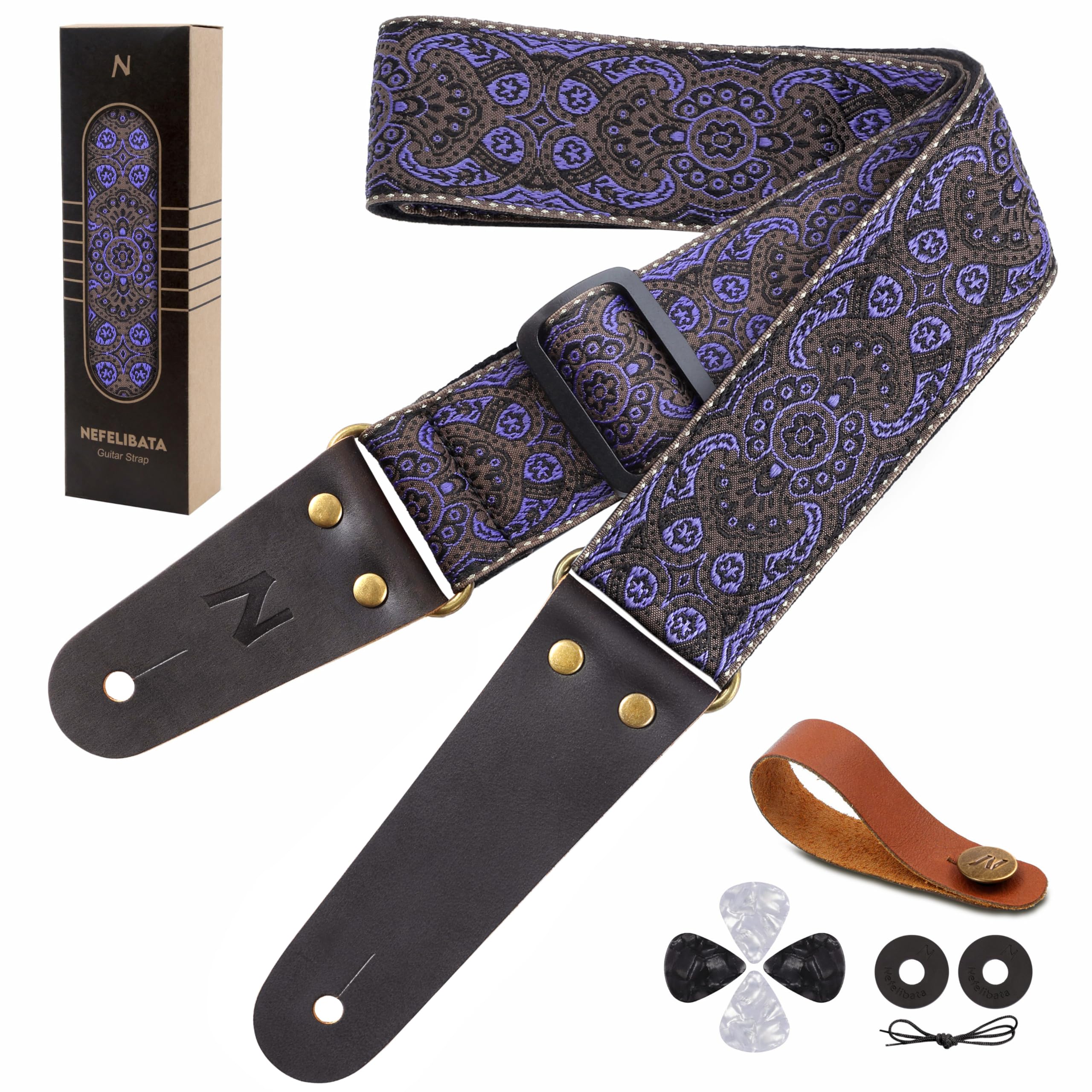 Nefelibata Guitar Strap, Vintage Embroidered Cotton Guitar Straps with Head Cowhide Leather Ends for Bass, Electric & Acoustic G