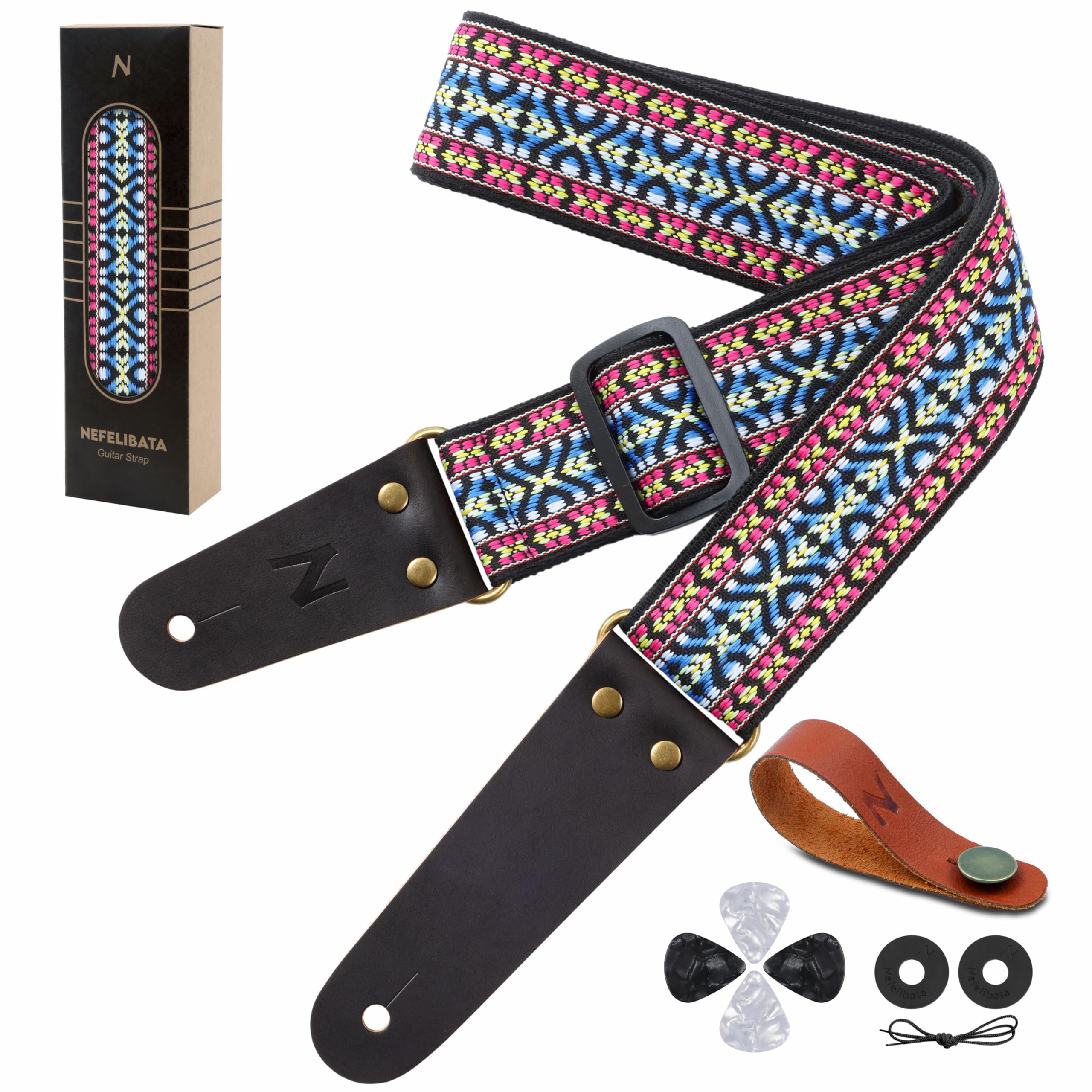 Nefelibata Guitar Strap, Vintage Cotton Guitar Straps With Head Cowhide Leather Ends For Bass, Electric & Acoustic Guitars, Free