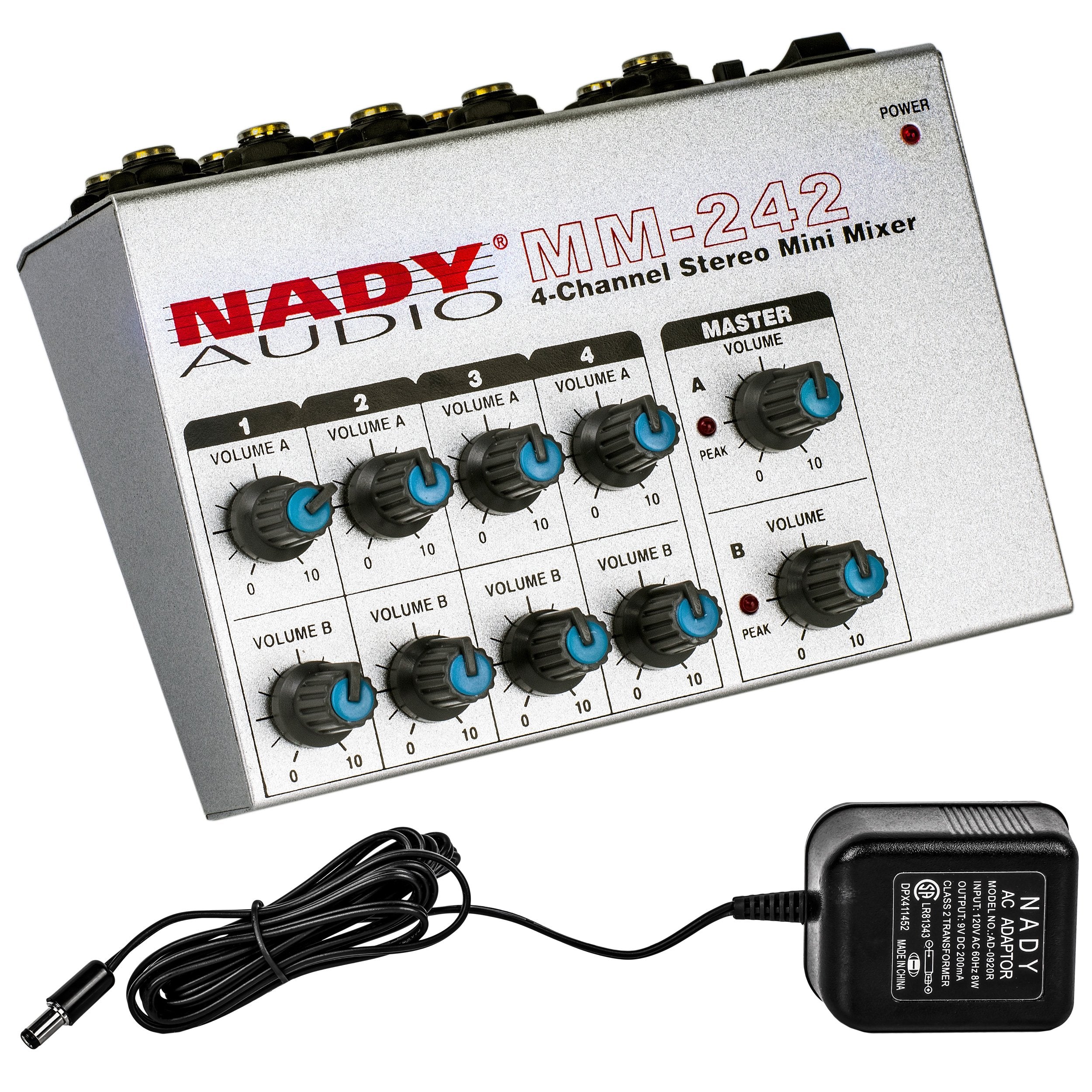 Nady MM-242 4 Stereo / 8 Mono Channel Mini Mixer with mono/stereo mode,  Inputs and outputs - battery powered and included AC ad
