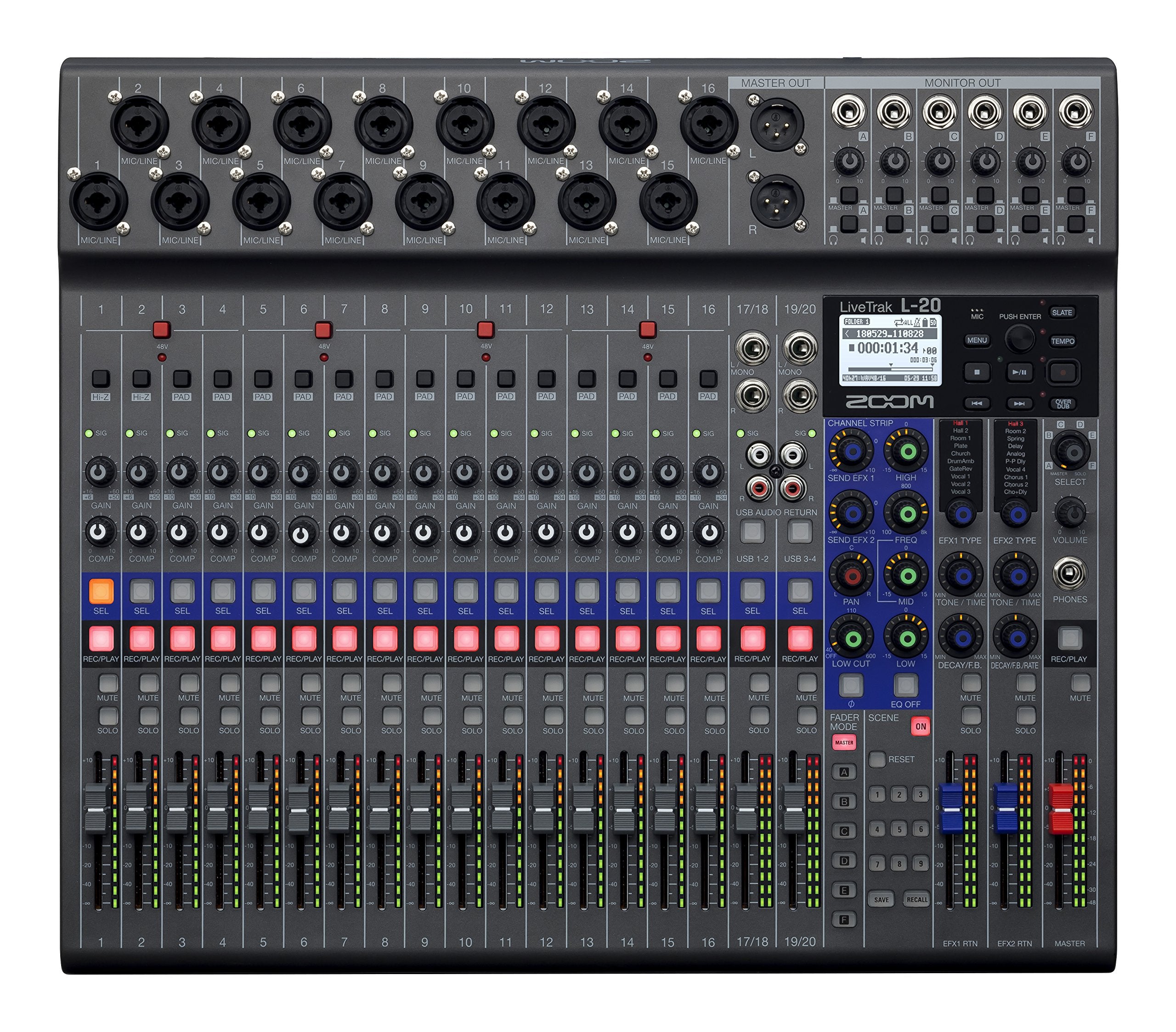 Zoom LiveTrak L-20 Digital Mixer & Multitrack Recorder, 20-Input/ 22-Channel SD Card Recorder, 22-in/4-out USB Audio Interface, 