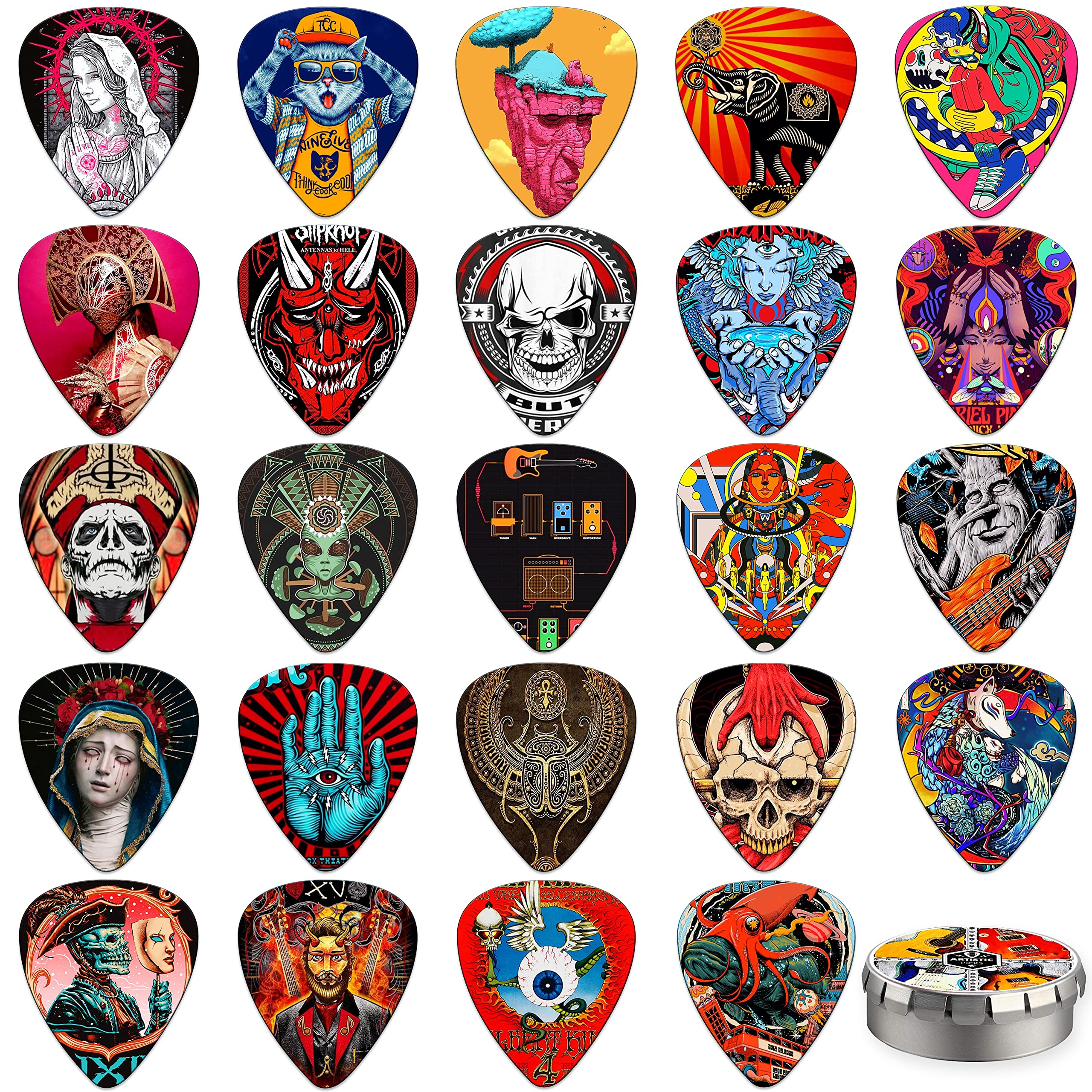 Guitar Picks,24 Pack Celluloid Thin, Medium, Heavy & Extra Heavy Picks With Tin Box ,Unique Artistic Variety Pack Guitar Pick Fo