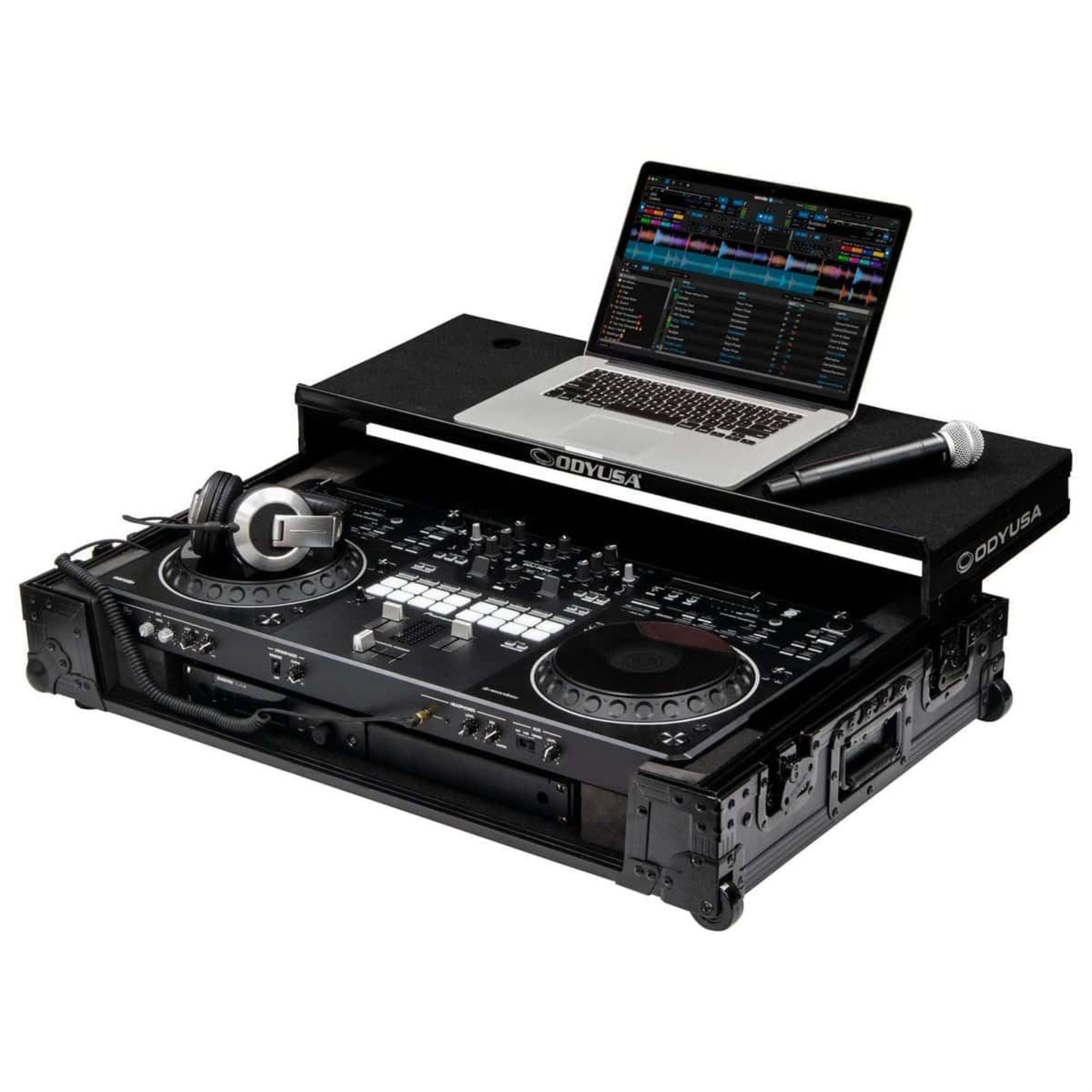 Odyssey Black Label Ddj-Rev5 1U Flight Case With Glide Style Laptop Platform And Corner Wheels