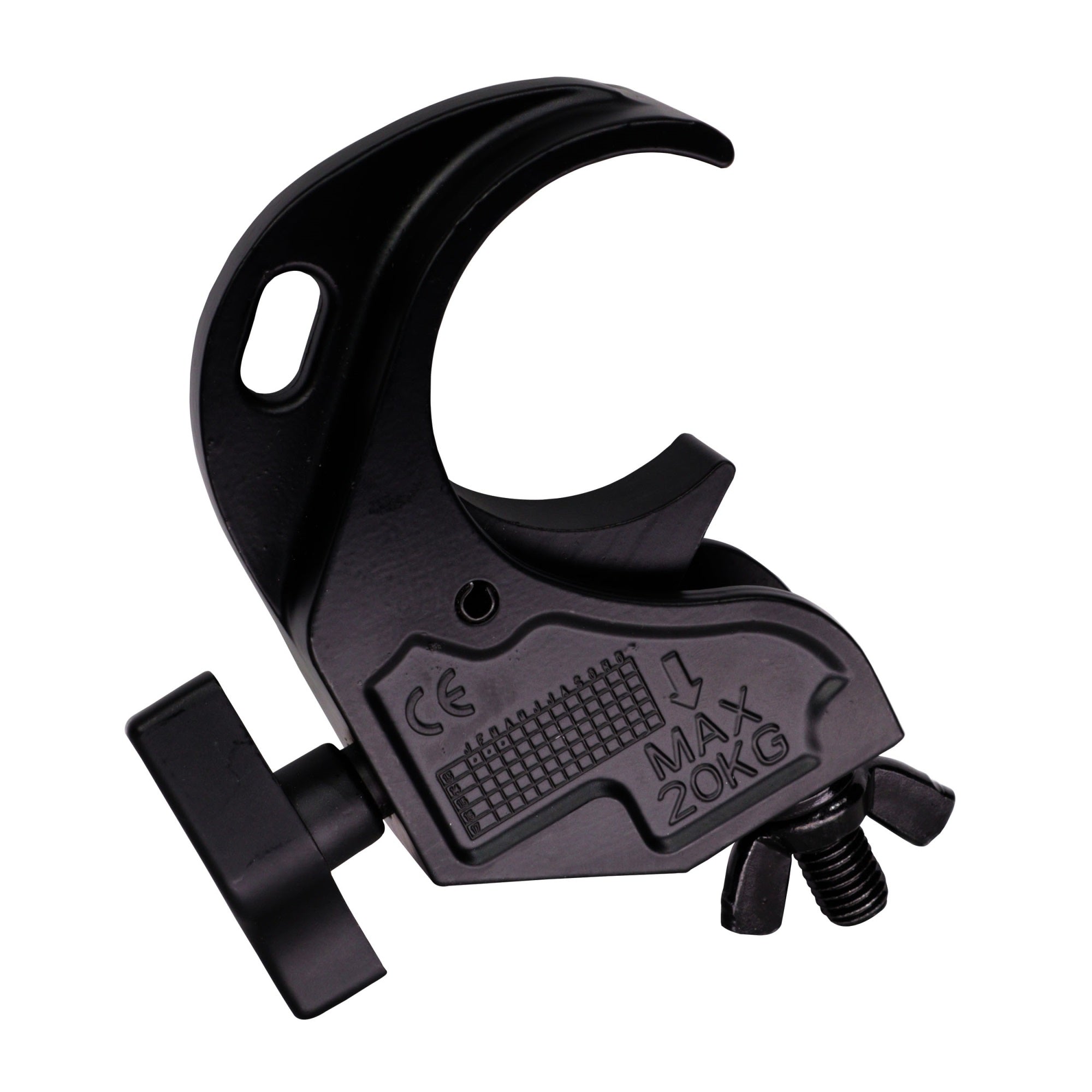Aluminum Hook Style M10 Clamp with Big Wing Knob for 2'' Truss Tube Capacity 45 Lbs. Black Finish