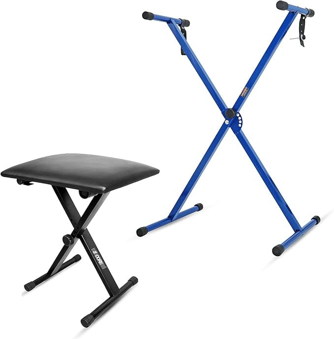 5 Core Keyboard Stand Single X Style Piano Riser Adjustable Holder + Keyboard Stool Thick Padded Piano Bench KS 1X BLU+KBB 02 BL
