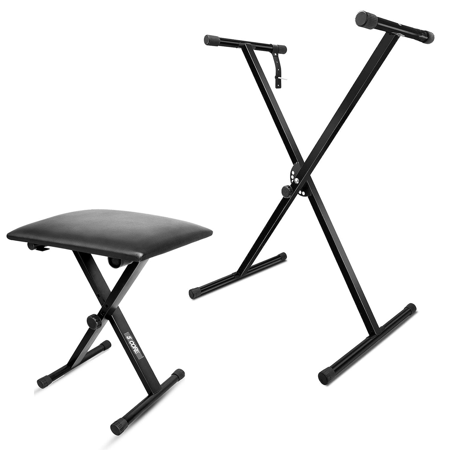 5 Core Keyboard Stand Single X Style Piano Riser Adjustable Holder + Keyboard Stool Thick Padded Piano Bench KS 1X BLK+KBB 02 BL