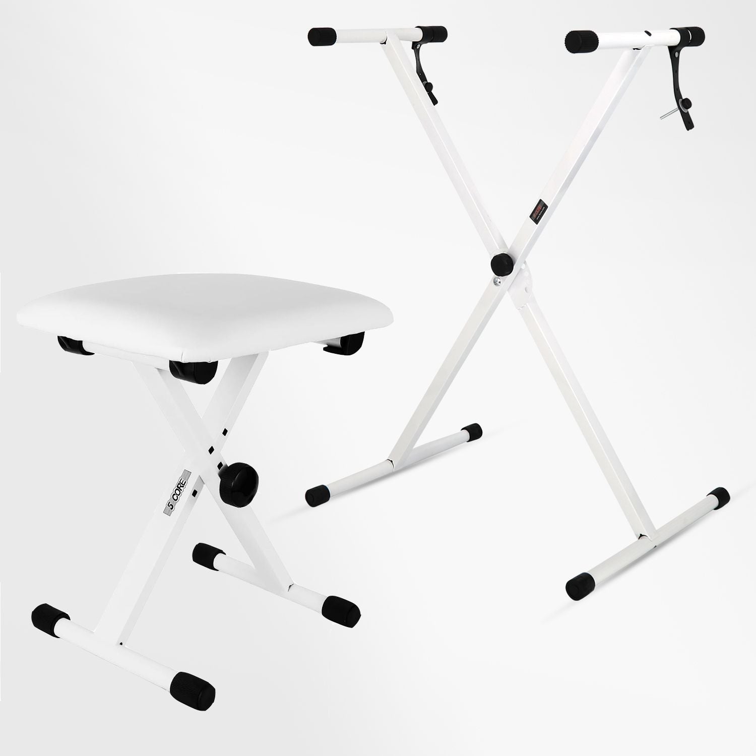 5 Core Keyboard Stand Single X Style Piano Riser Adjustable Holder + Keyboard Stool Thick Padded Piano Bench KS 1X WH+KBB 02 WH