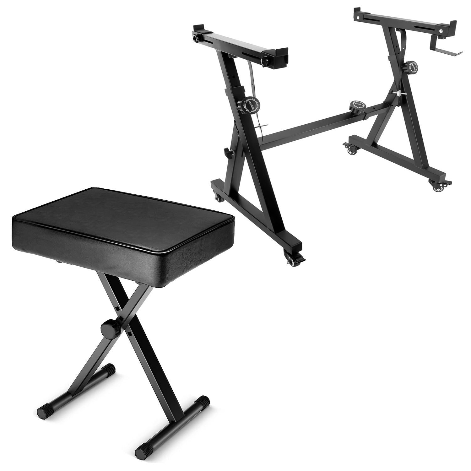 5 Core Keyboard Stand z Style Piano Riser Adjustable Holder + Keyboard Stool Thick Padded Piano Bench - KS Z1 BLK HD WHLS+KBB BL