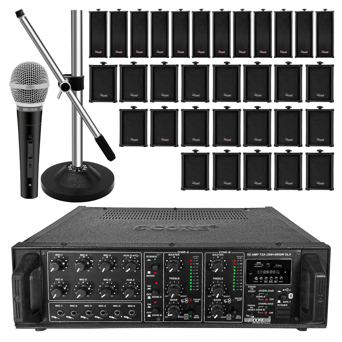 5 Core 4000W Pa System Outdoor Indoor Commercial Industrial Grade Paging Kit W/ 32 Wall Speakers 200W+200W (Rms) 2 Zone Amp +1 S