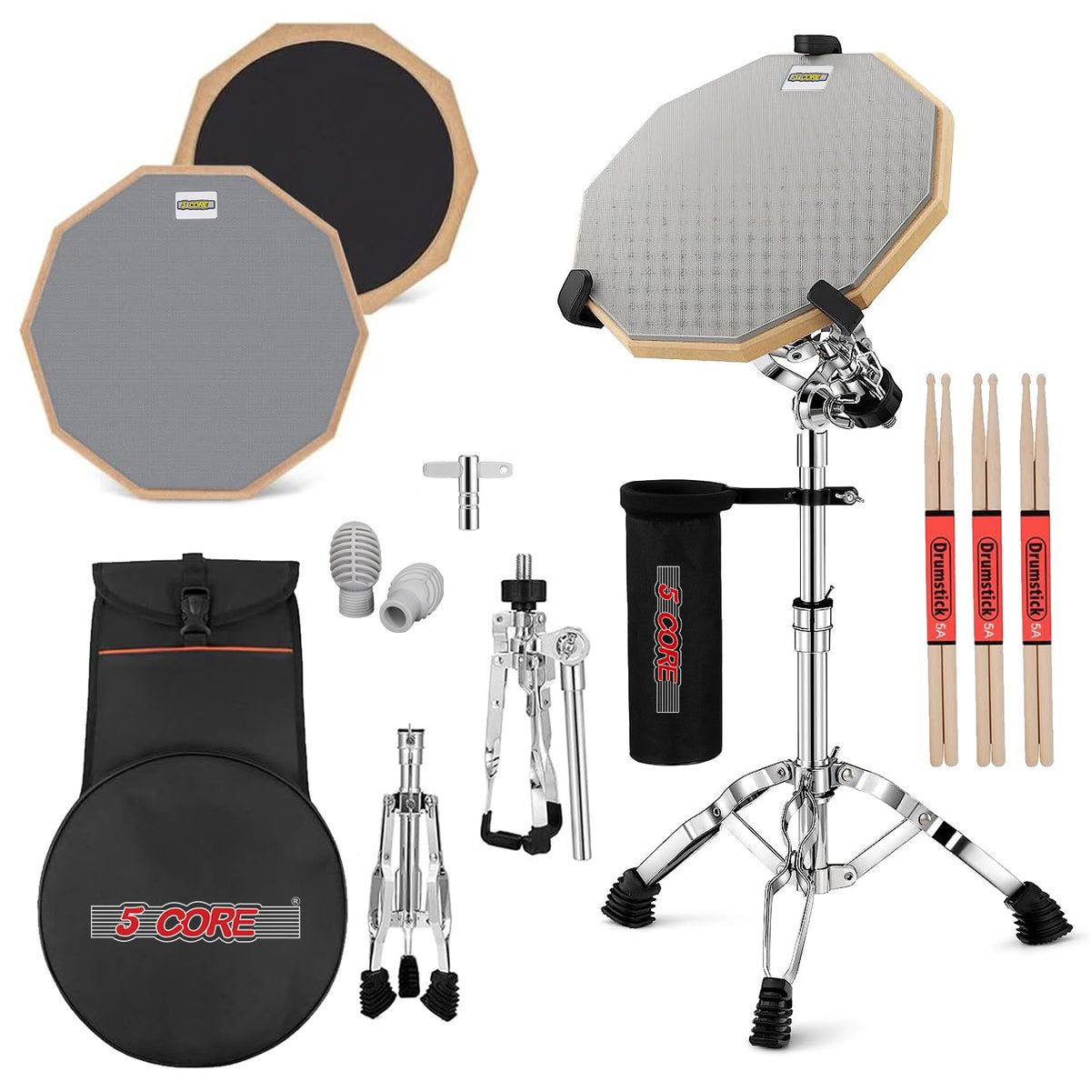 5 Core Drum Practice Pad Set 12 Adjustable Snare Drumming Stand Double Sided Silent Drummer Kit - DPAD COMBO GREY