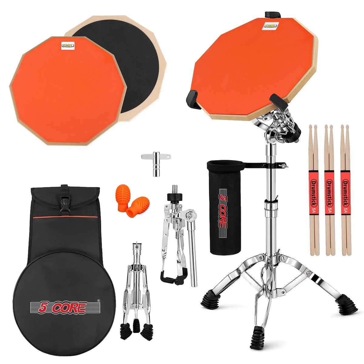 5 Core Drum Practice Pad Set 12 Adjustable Snare Drumming Stand Double Sided Silent Drummer Kit - DPAD COMBO ORG