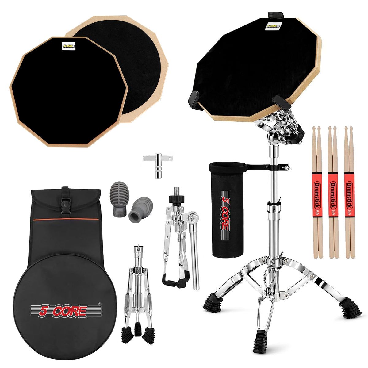 5 Core Drum Practice Pad Set 12 Adjustable Snare Drumming Stand Double Sided Silent Drummer Kit - DPAD COMBO BLK