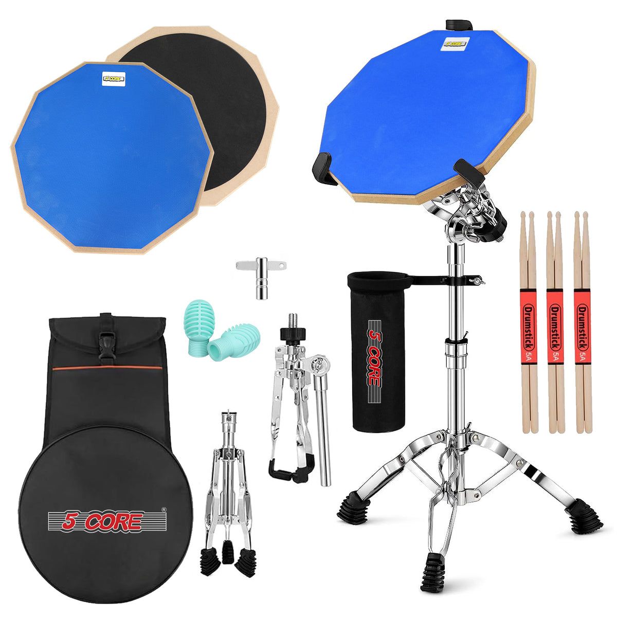 5 Core Drum Practice Pad Set 12 Adjustable Snare Drumming Stand Double Sided Silent Drummer Kit - DPAD COMBO BLU