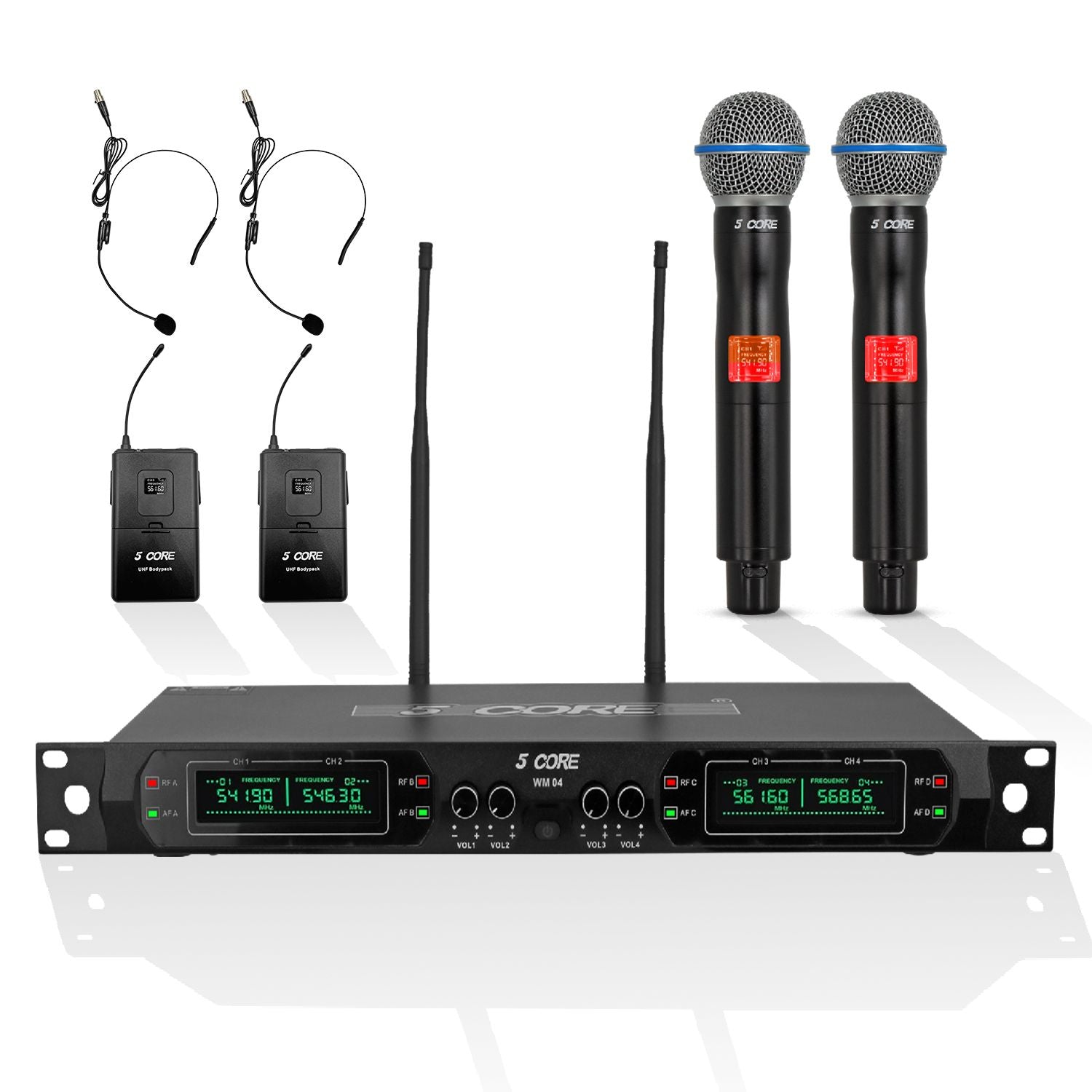 5 Core Wireless Microphones Set 4 Channel Fixed Frequency UHF Mic System Max 260ft Range w 2 Handheld 2 Lapel 2 Headset Mic- WM 