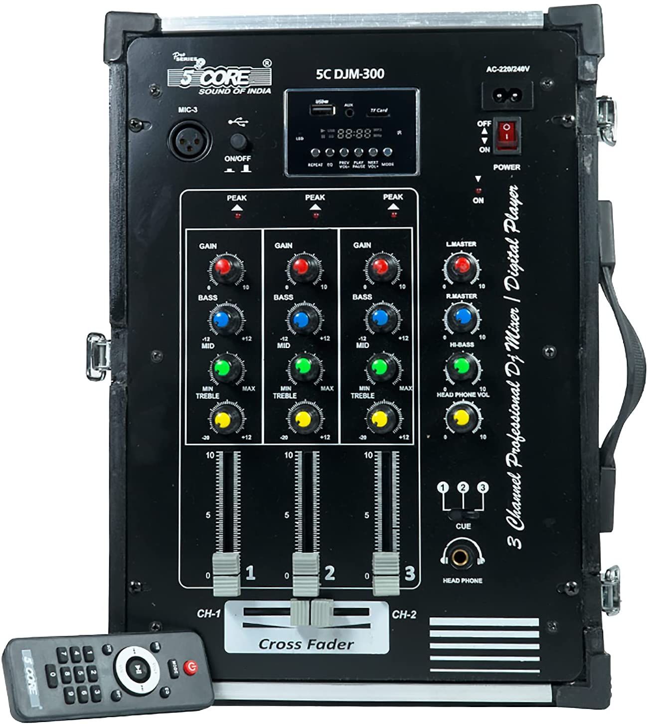 3 Channel Powered DJ Mixer 300W With Travel Case Microphone Input, AUX, USB, TF card & Headphone Jack for Stereo Mixing Effects.
