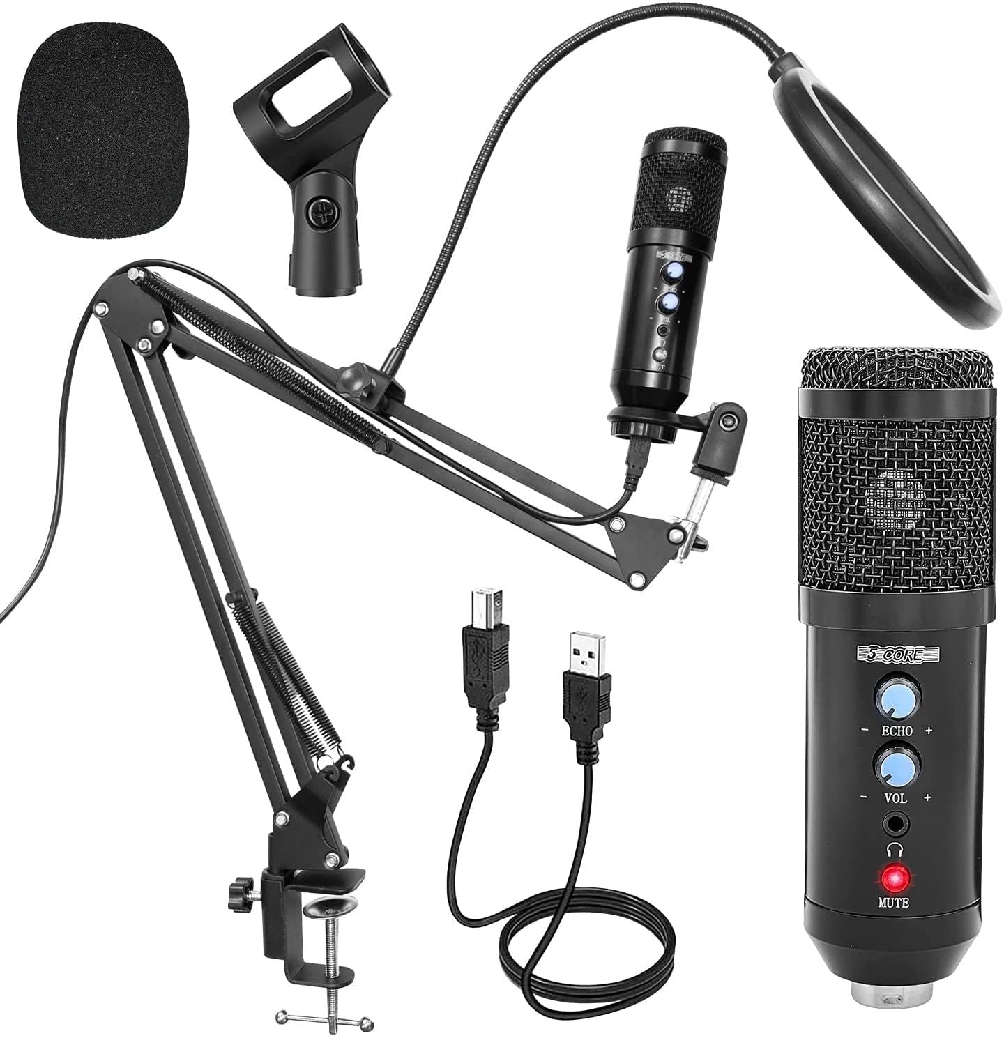 USB Microphone Condenser Mic for Computer PC Gaming, Podcast Desktop Tripod Stand Kit for Streaming, Recording, Vocals, Voice, C